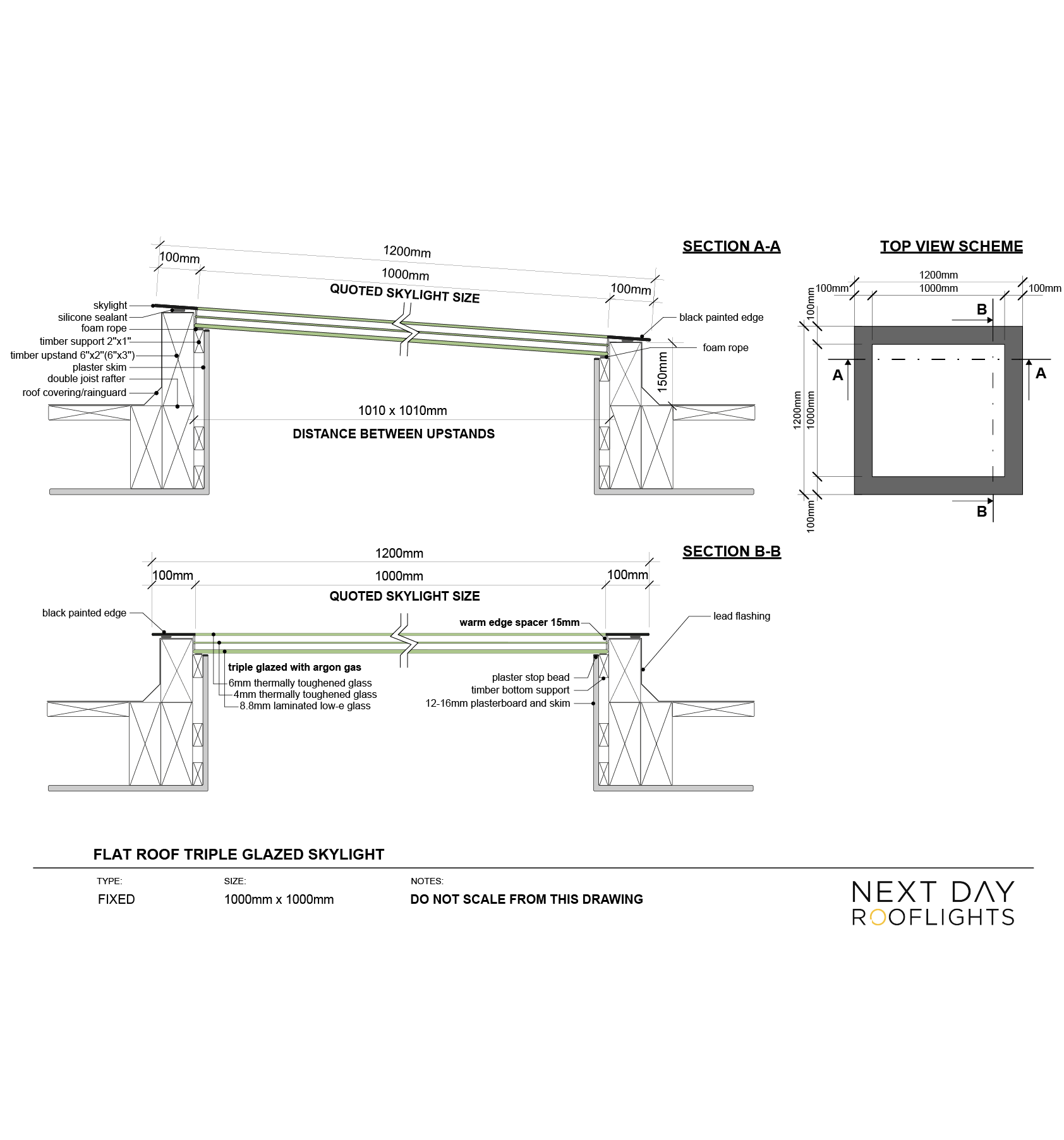 TRIPLE GLAZED SKYLIGHT 1000 x 1000 mm