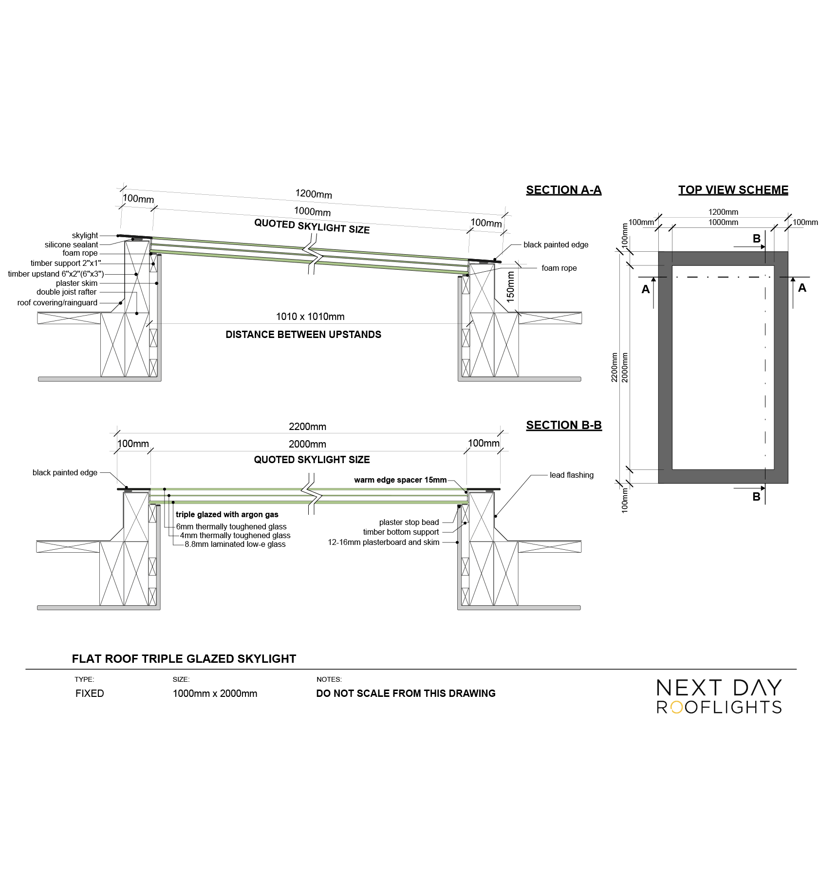 TRIPLE GLAZED SKYLIGHT 1000 x 2000 mm