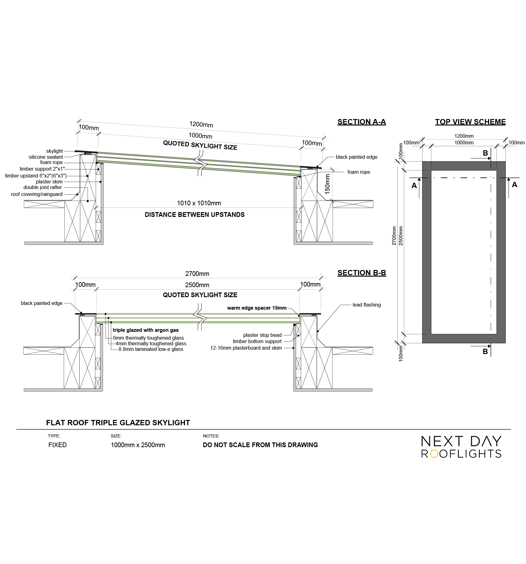 TRIPLE GLAZED SKYLIGHT 1000 x 2500 mm