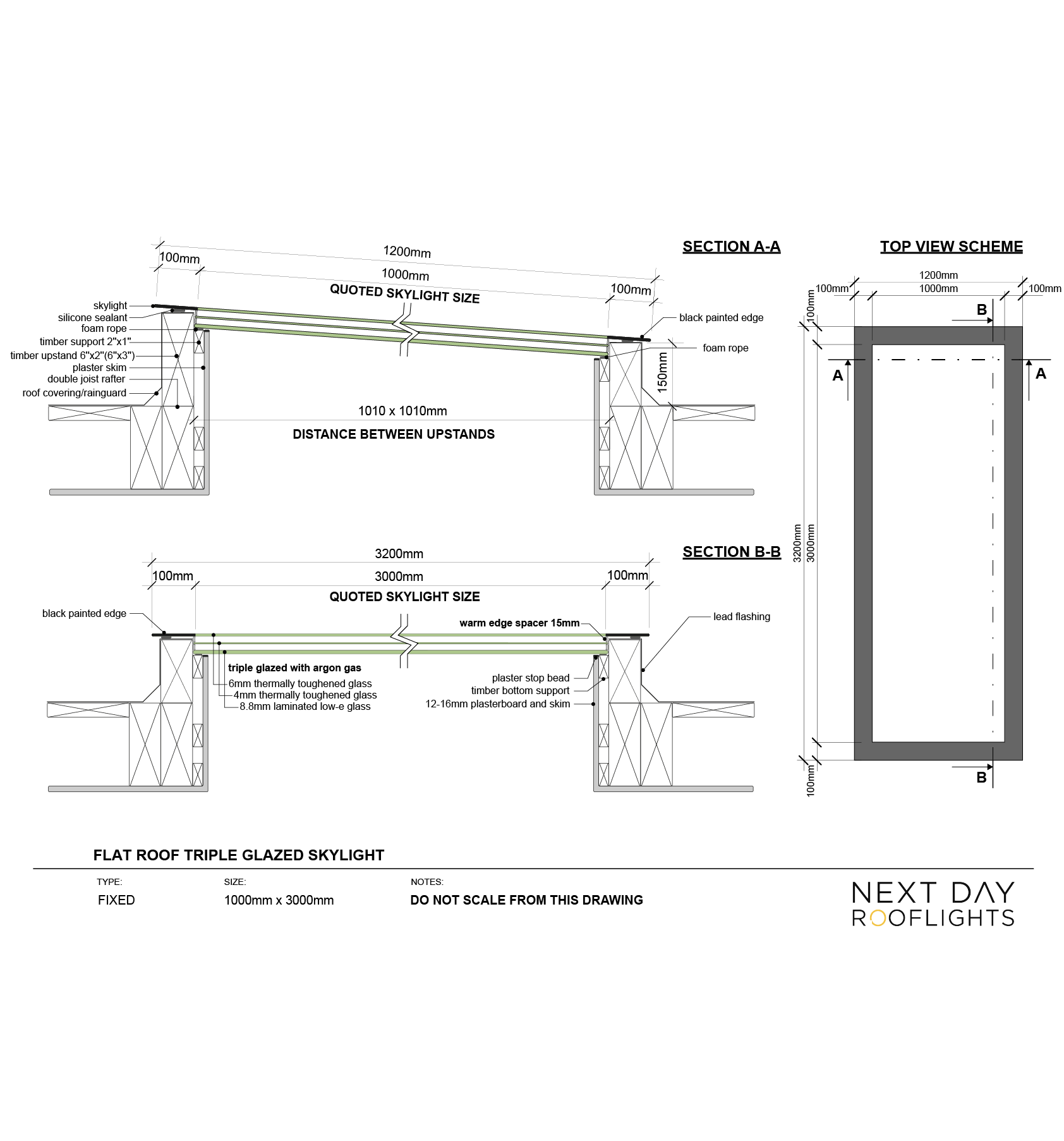 TRIPLE GLAZED SKYLIGHT 1000 x 3000 mm