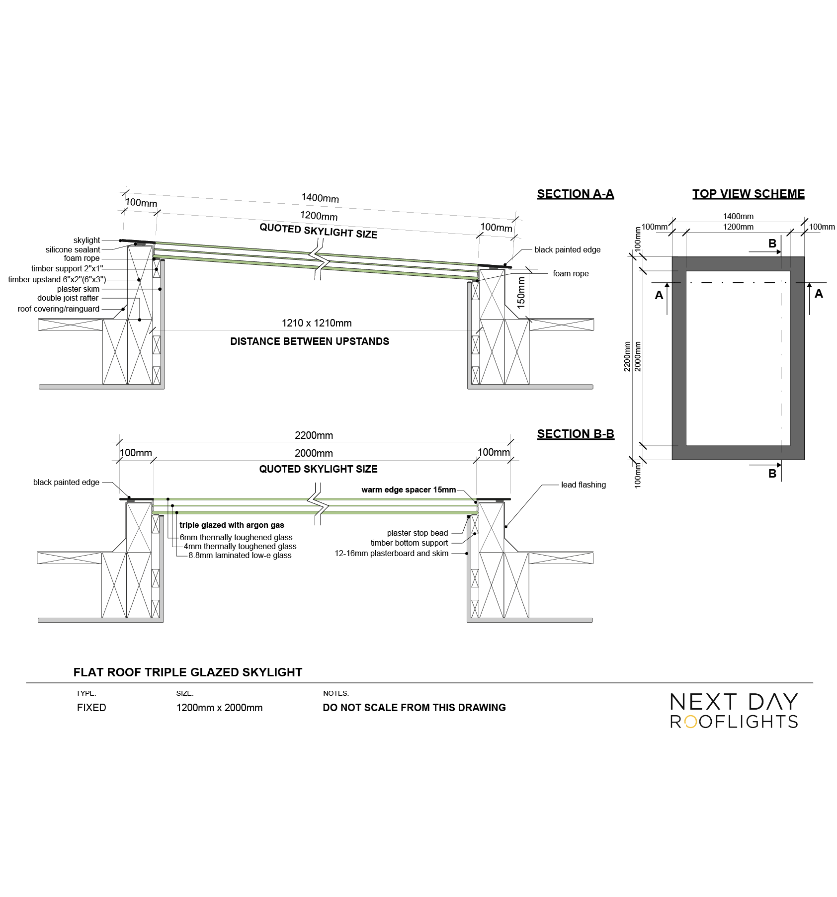 TRIPLE GLAZED SKYLIGHT 1200 x 2000 mm