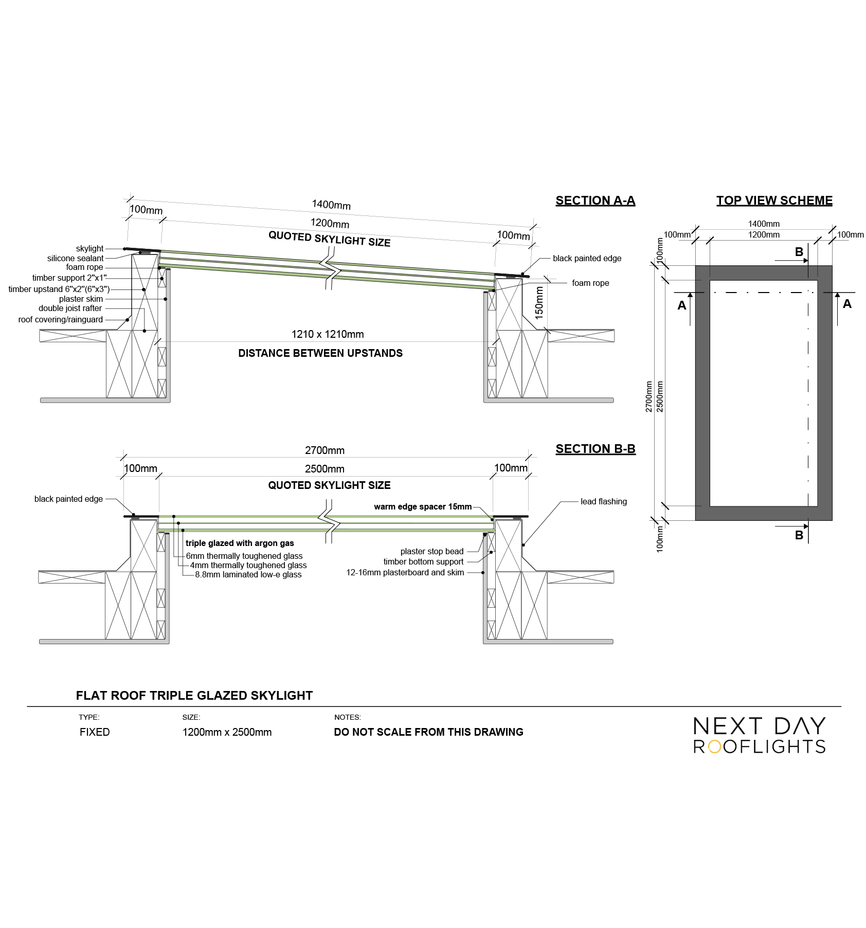 TRIPLE GLAZED SKYLIGHT 1200 x 2500 mm