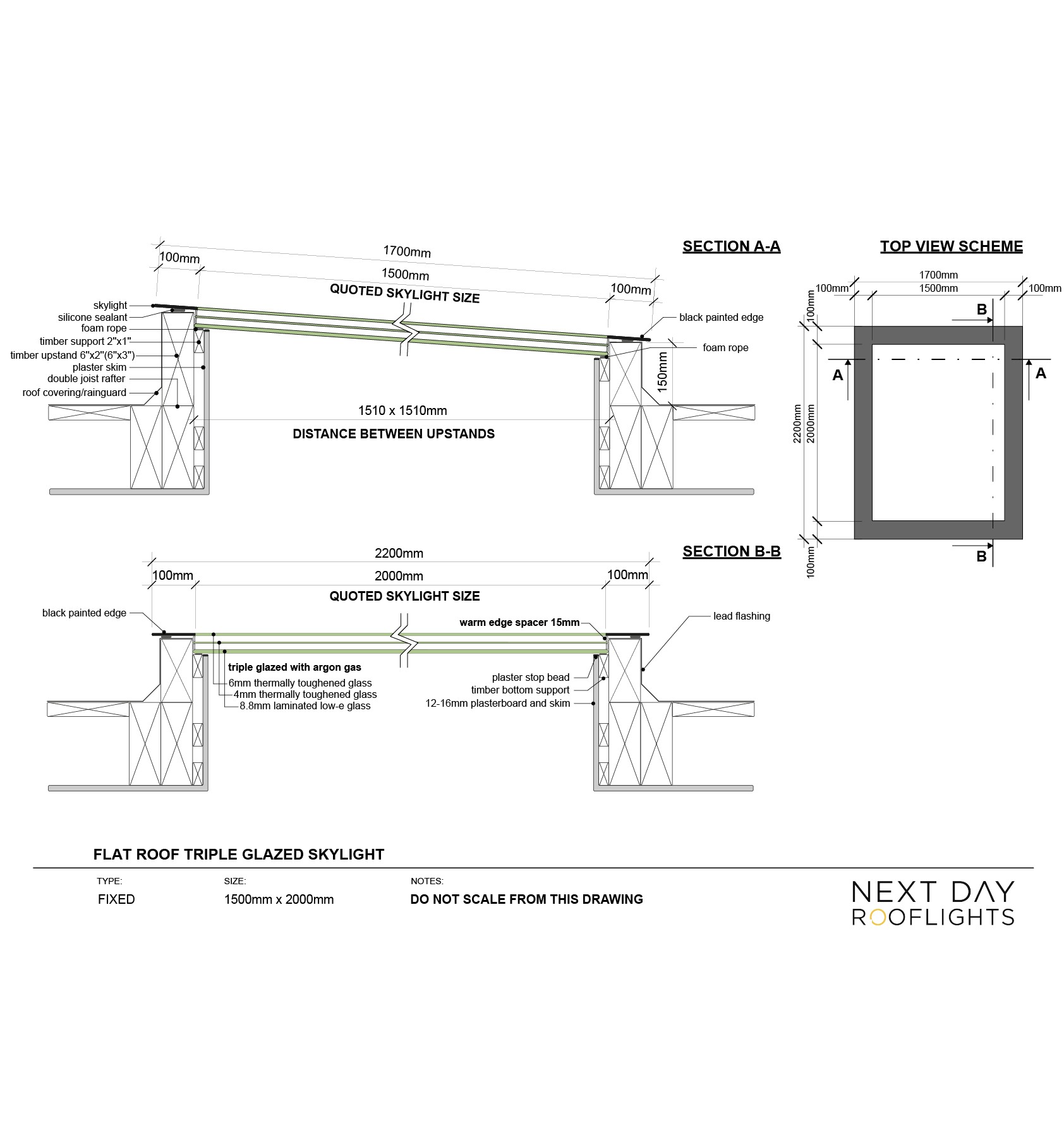 TRIPLE GLAZED SKYLIGHT 1500 x 2000 mm