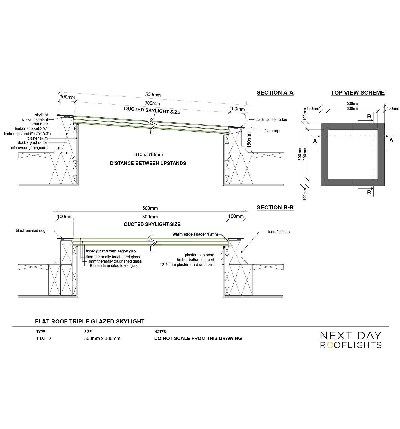 TRIPLE GLAZED SKYLIGHT 300 x 300mm