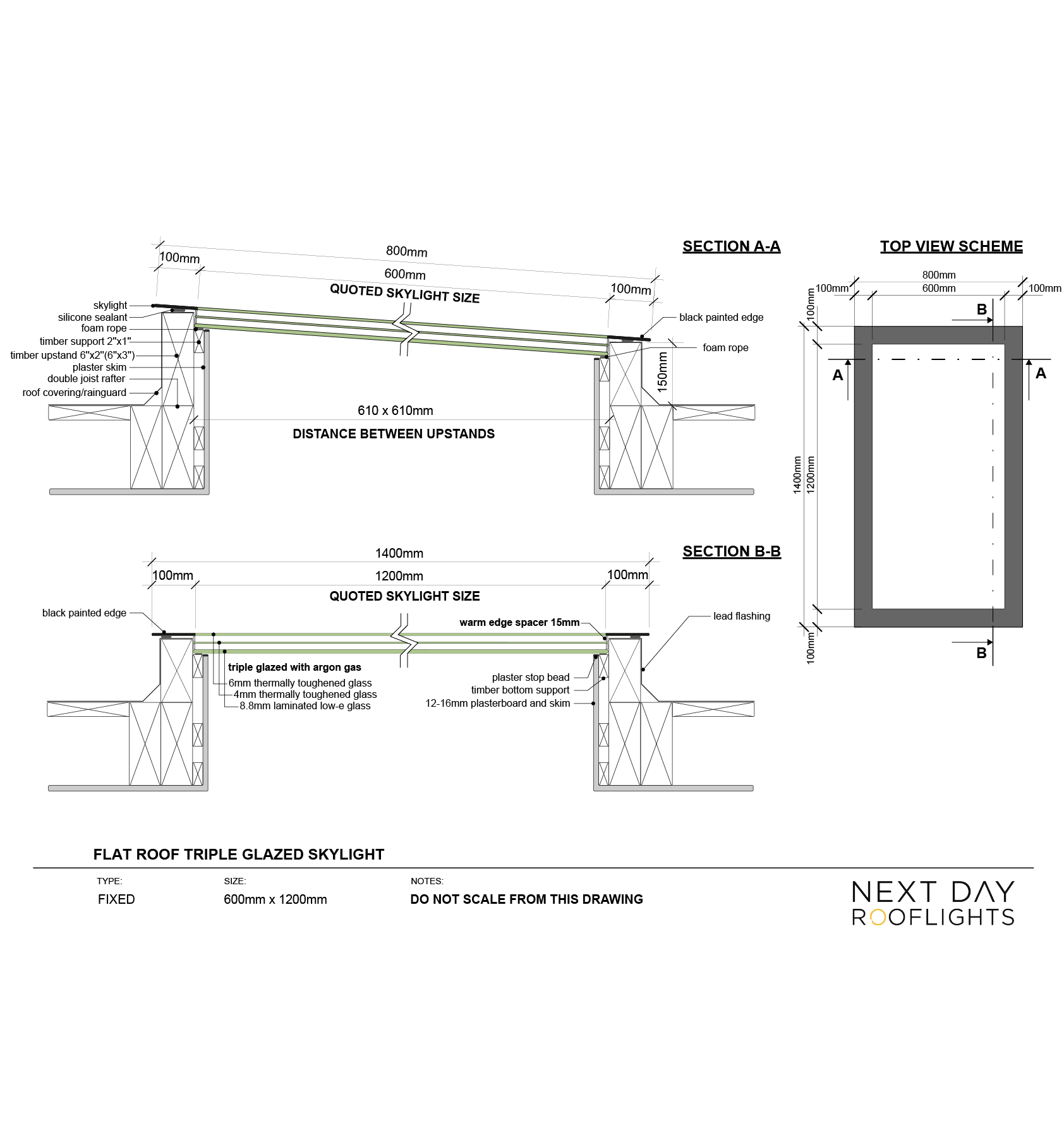 TRIPLE GLAZED SKYLIGHT 600 x 1200mm