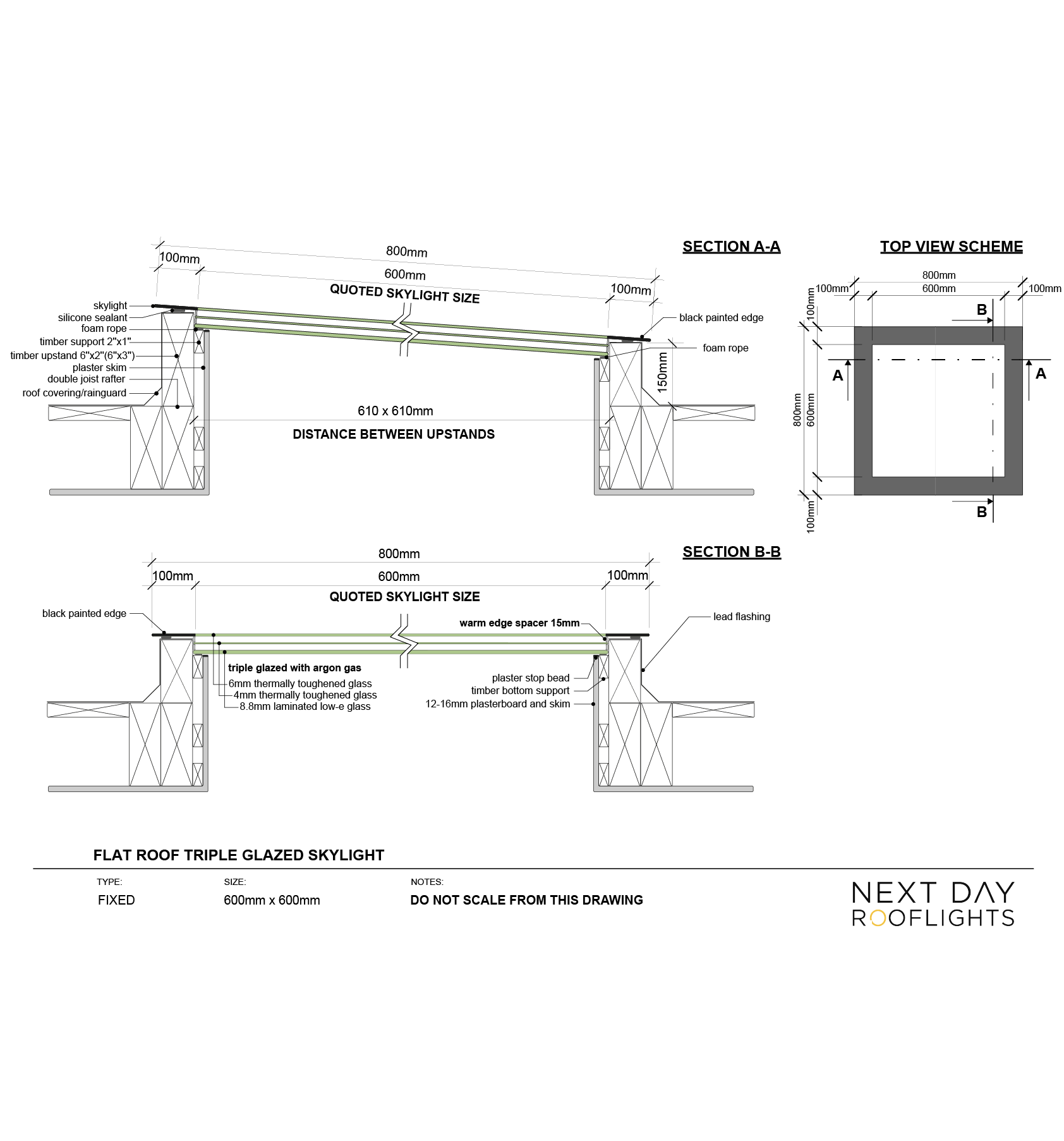 TRIPLE GLAZED SKYLIGHT 600 x 600mm