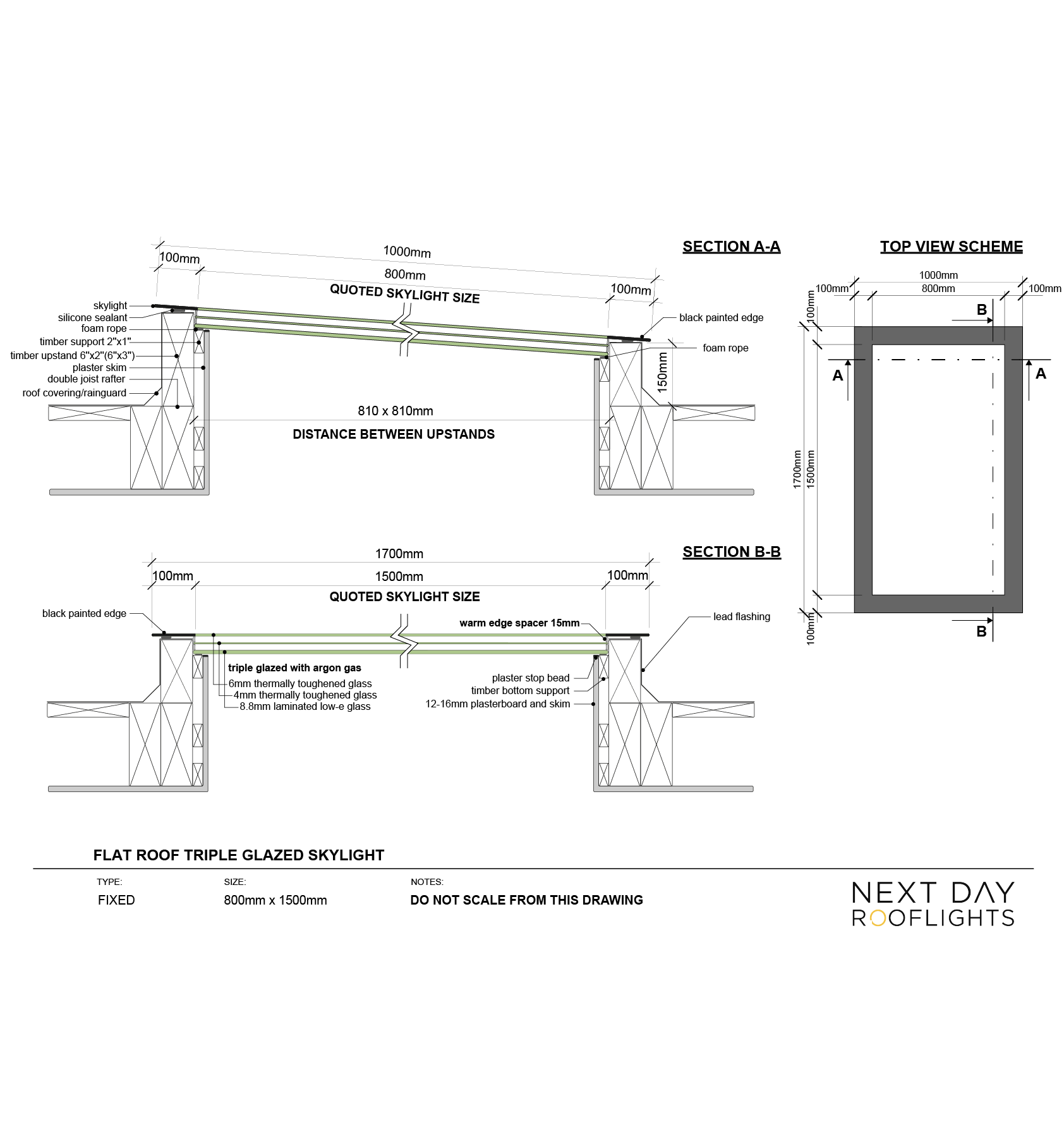 TRIPLE GLAZED SKYLIGHT 800 x 1500 mm