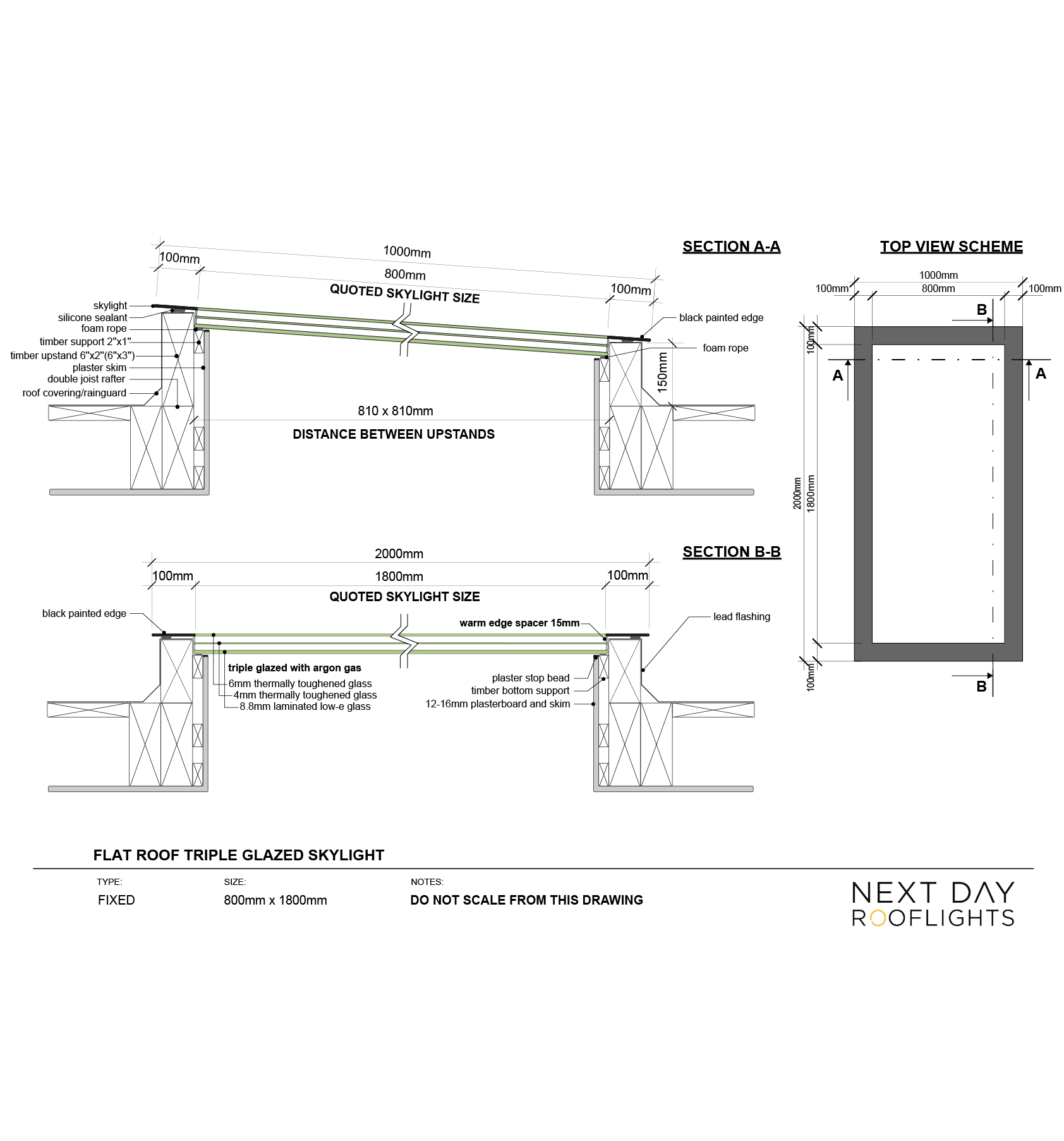 TRIPLE GLAZED SKYLIGHT 800 x 1800 mm