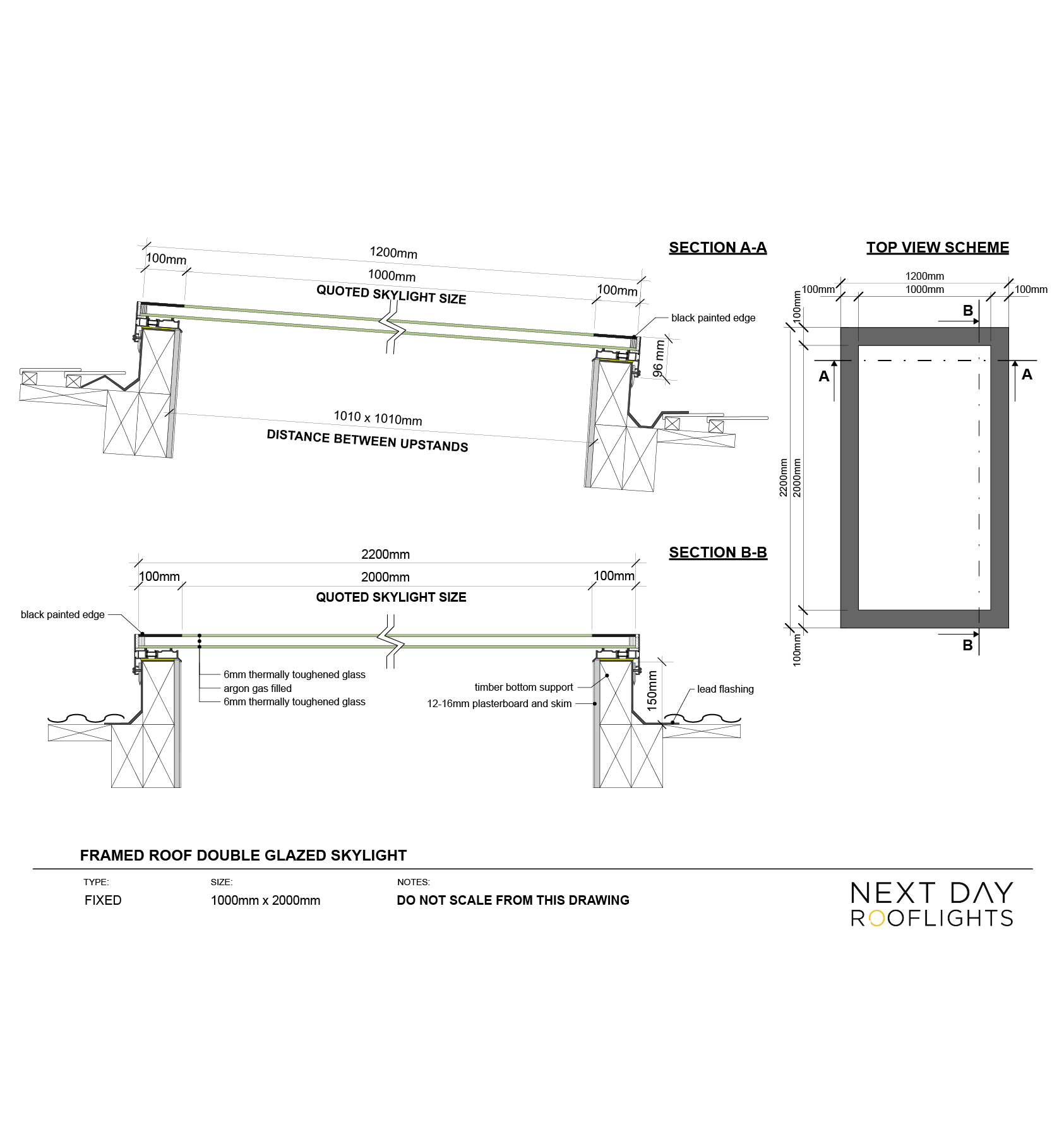 Framed Skylight 1000 x 2000 mm – Double glazed