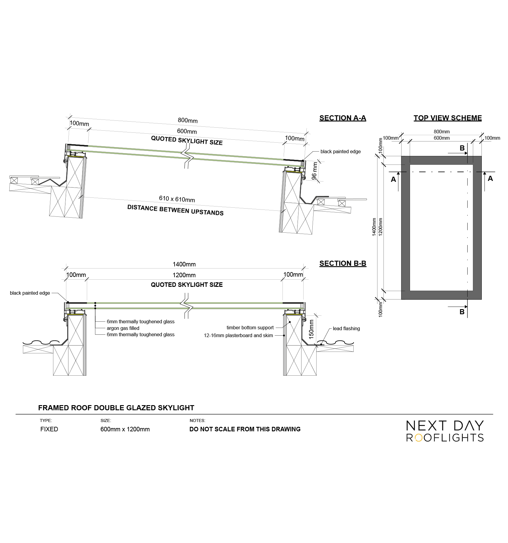 Framed Skylight 600 x 1200 mm – Double glazed