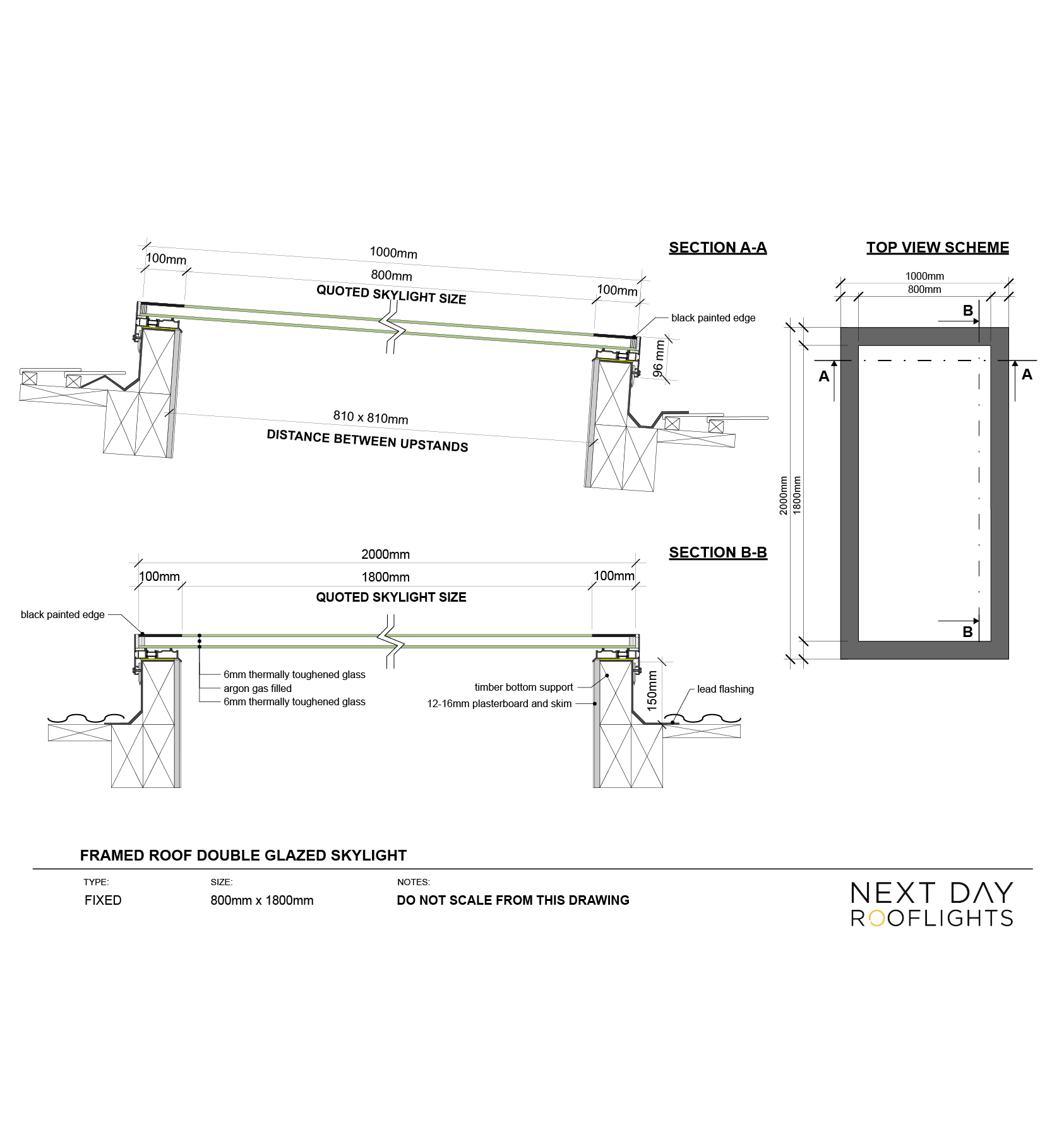 Framed Skylight 800 x 1800 mm – Double glazed