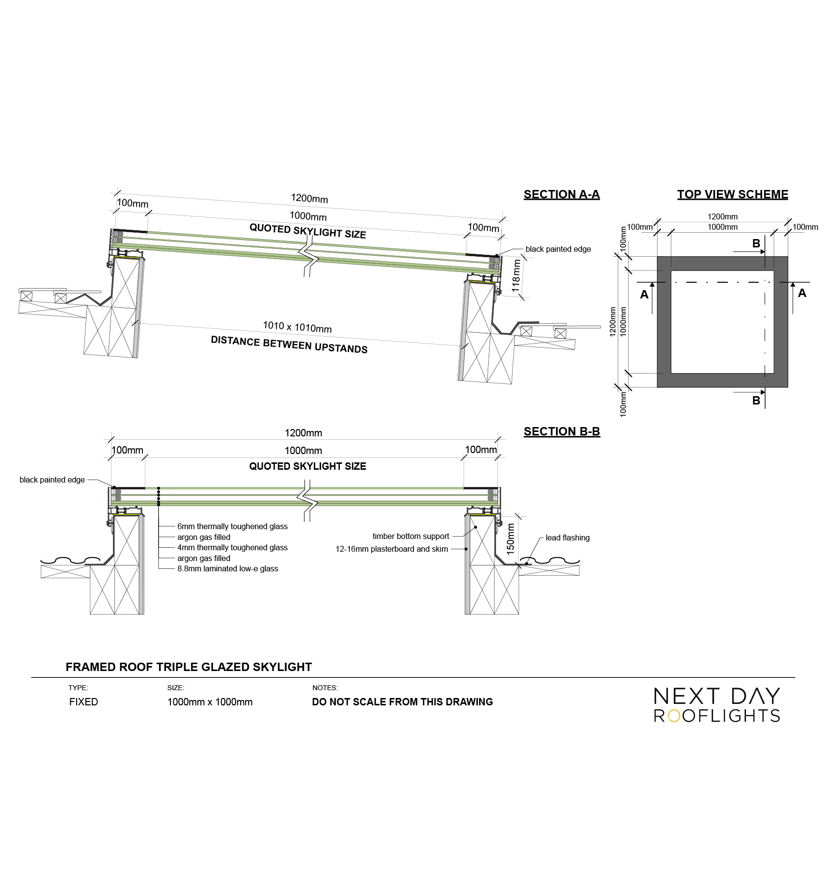 Framed Skylight 1000 x 1000 mm – Triple glazed