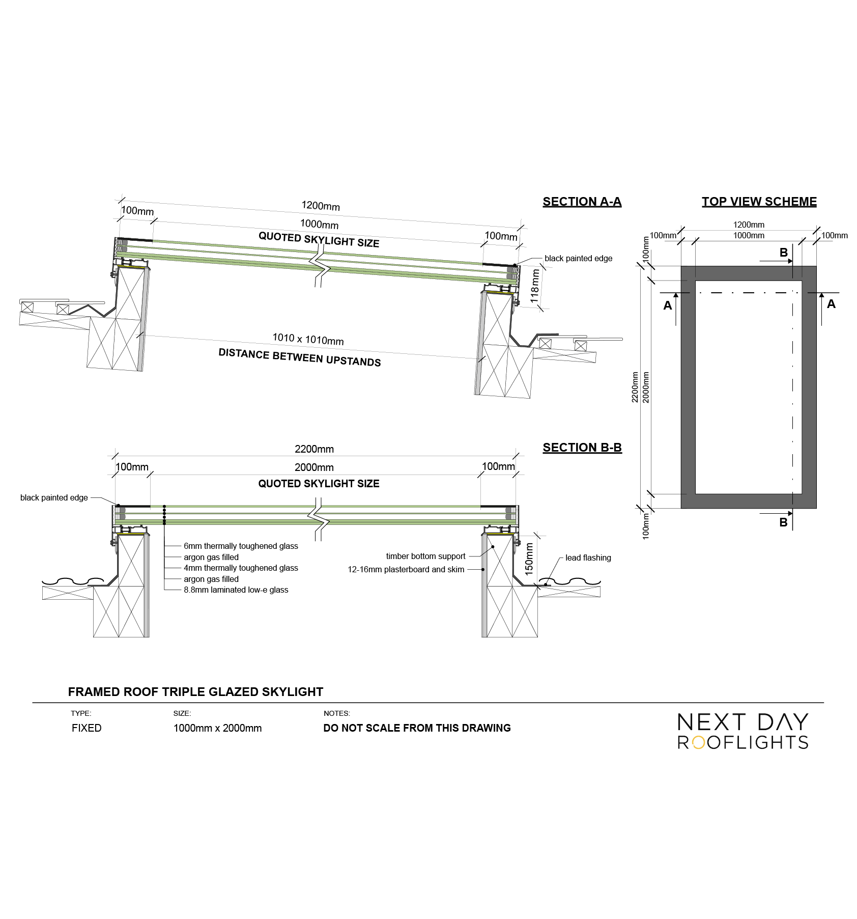 Framed Skylight 1000 x 2000 mm – Triple glazed