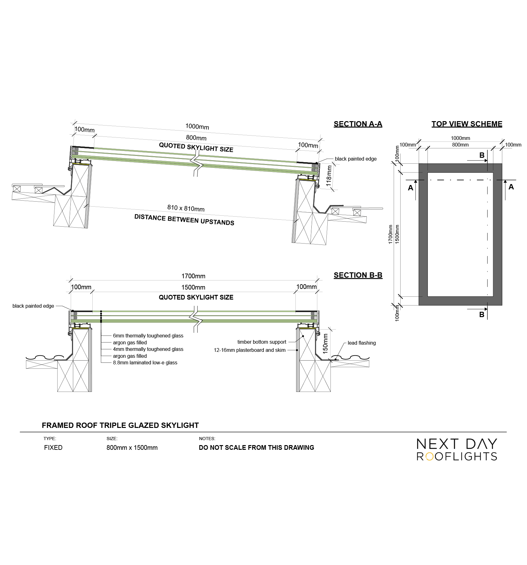 Framed Skylight 800 x 1500 mm – Triple glazed