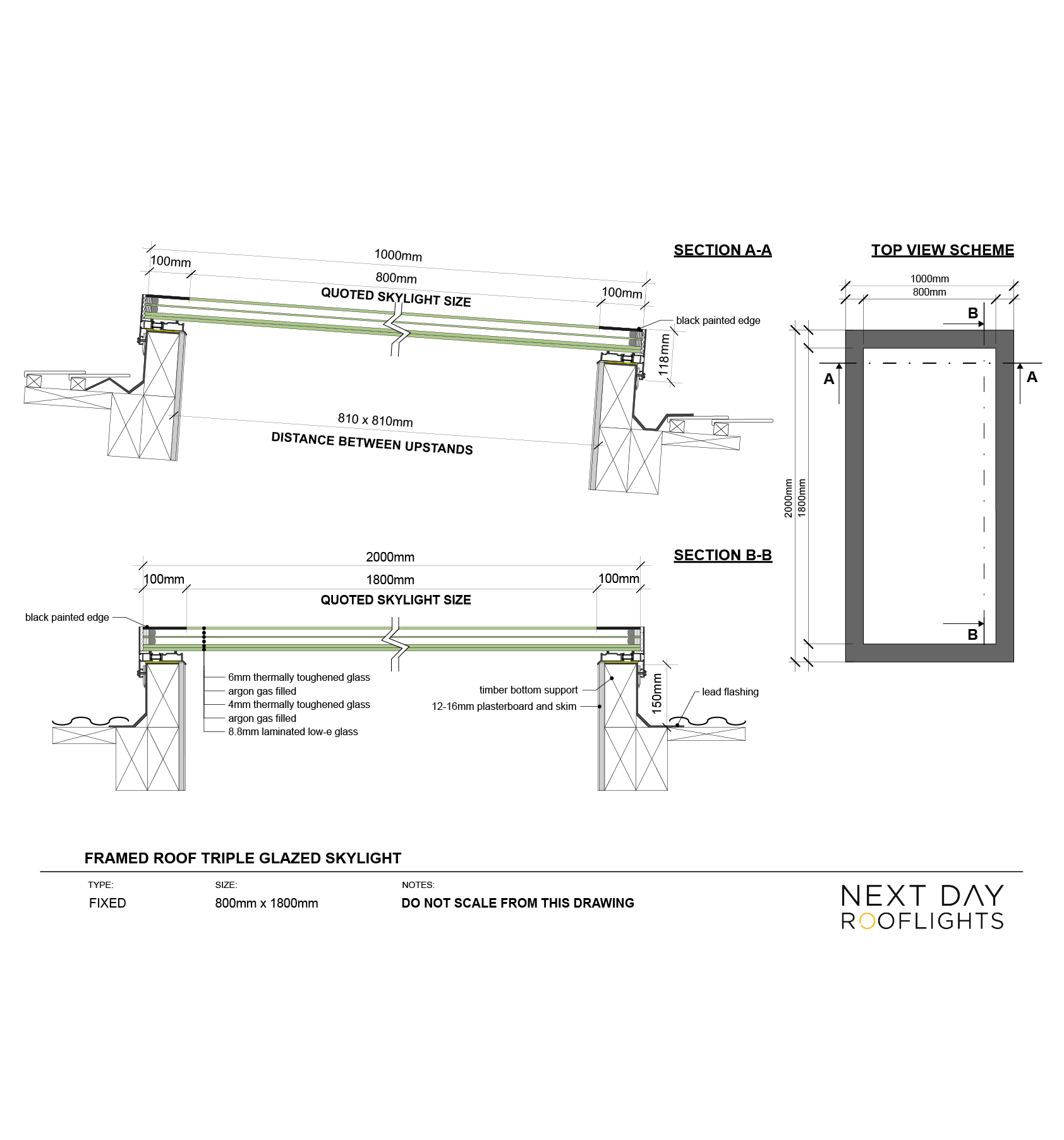 Framed Skylight 800 x 1800 mm – Triple glazed