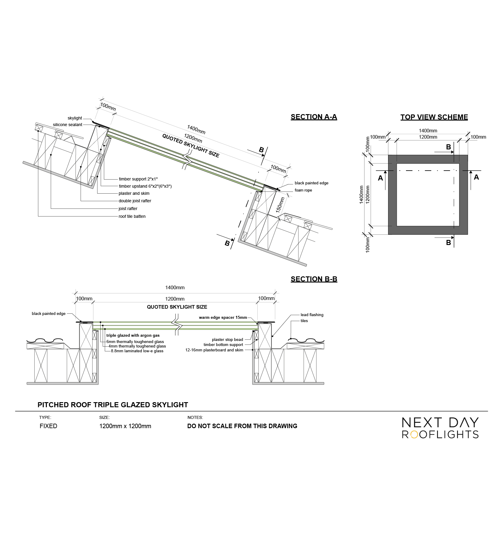 Pitched Roof Skylight 1200 x 1200mm