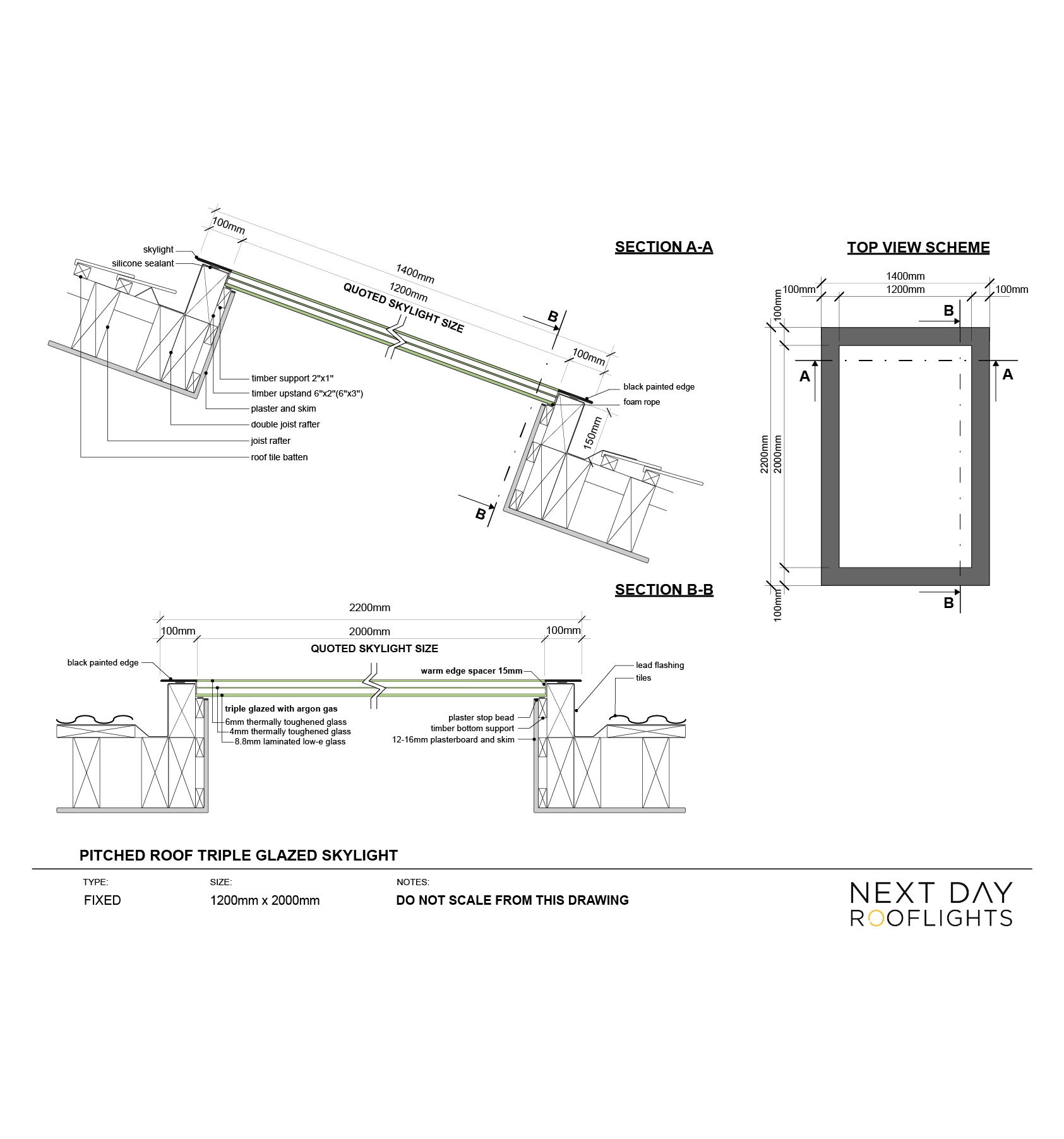 Pitched Roof Skylight 1200 x 2000mm