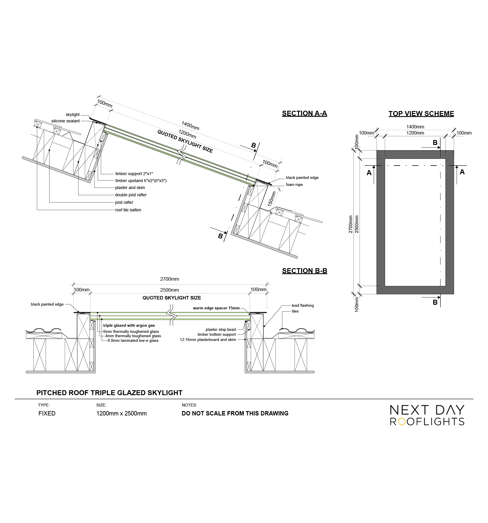 Pitched Roof Skylight 1200 x 2500mm