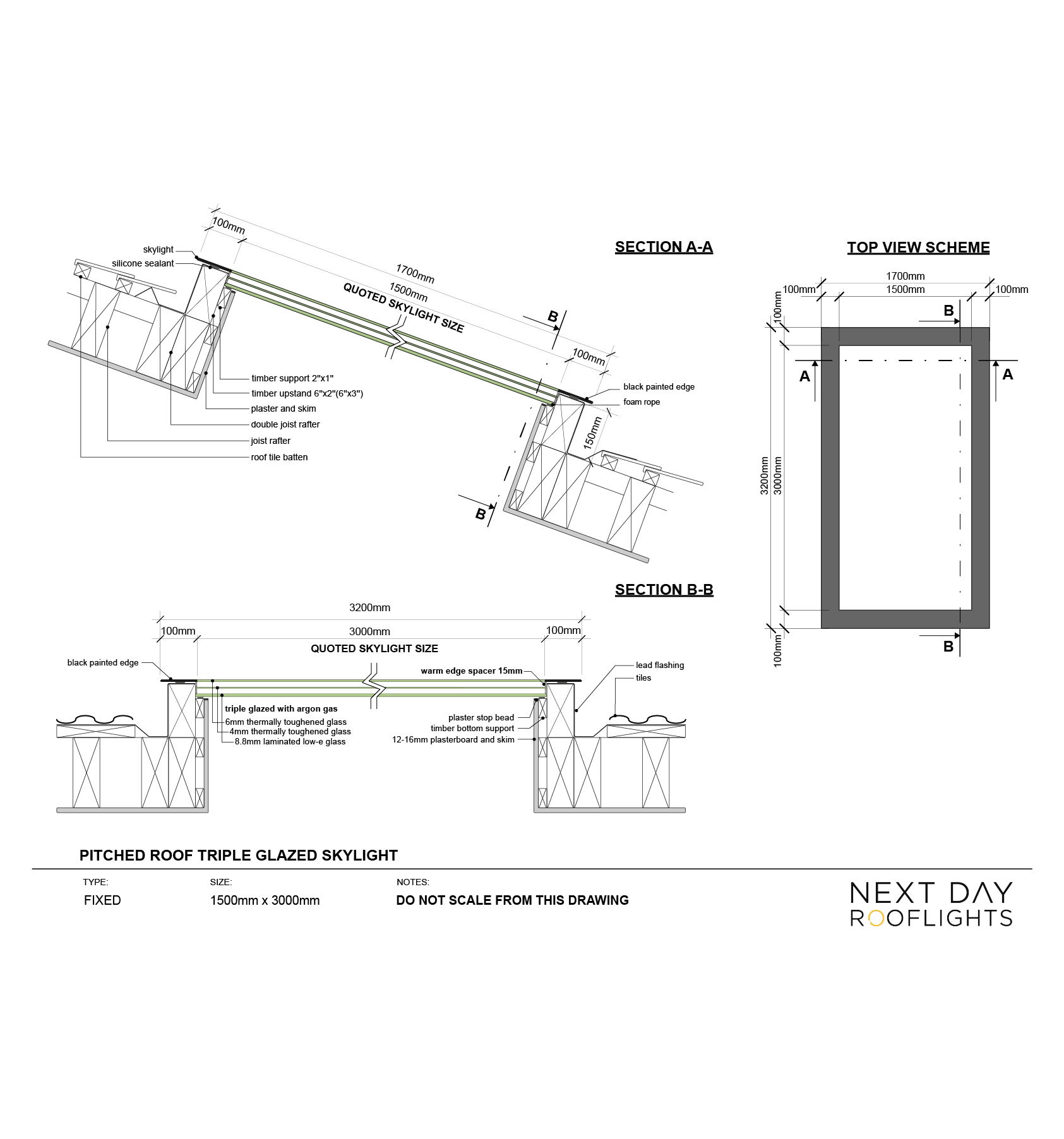 Pitched Roof Skylight 1500 x 3000 mm