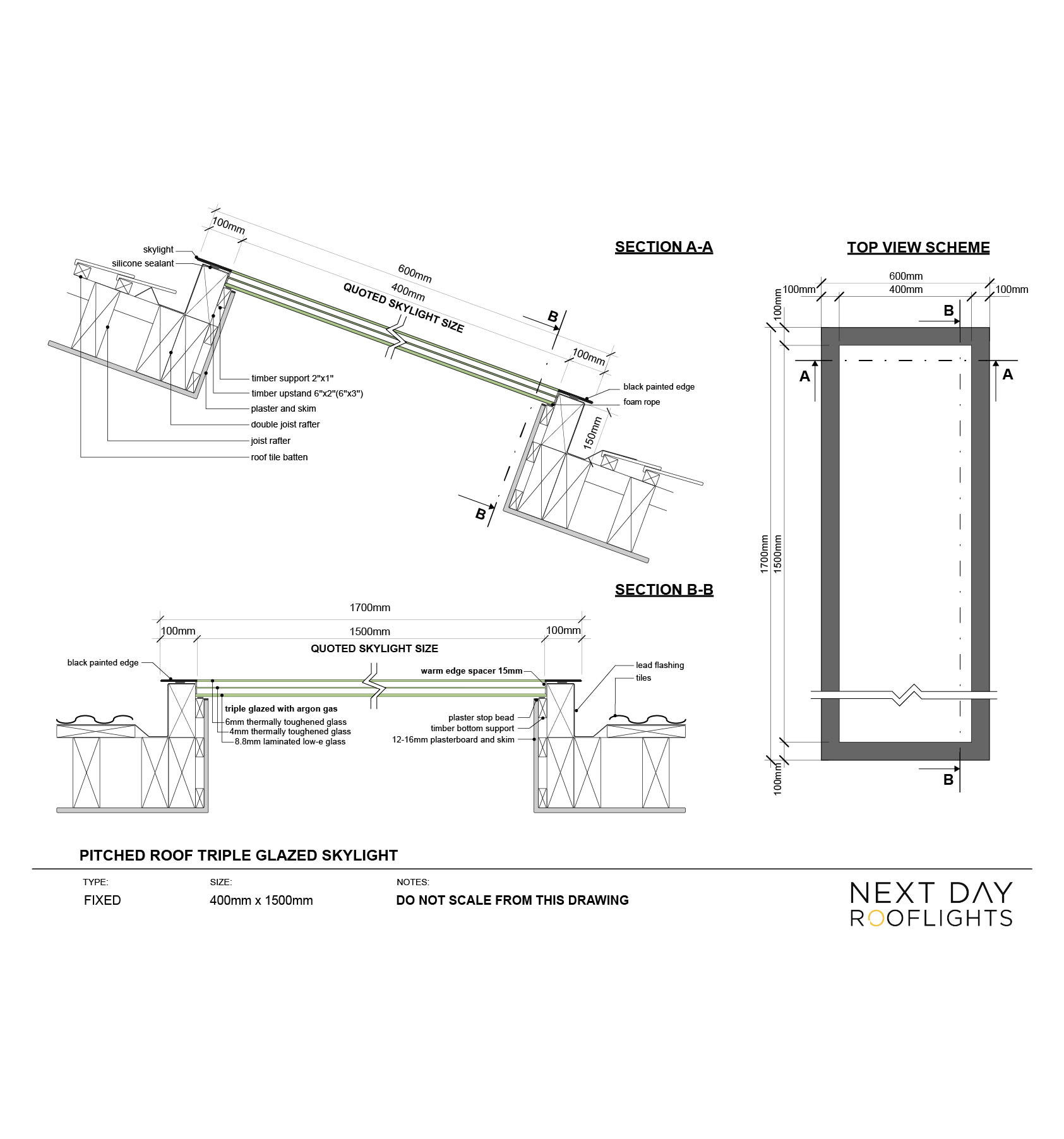 Pitched Roof Skylight 400 x 1500mm