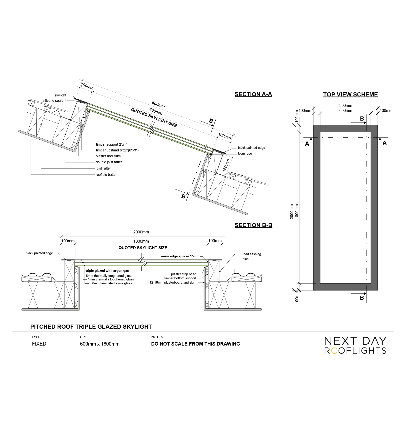 Pitched Roof Skylight 600 x 1800mm