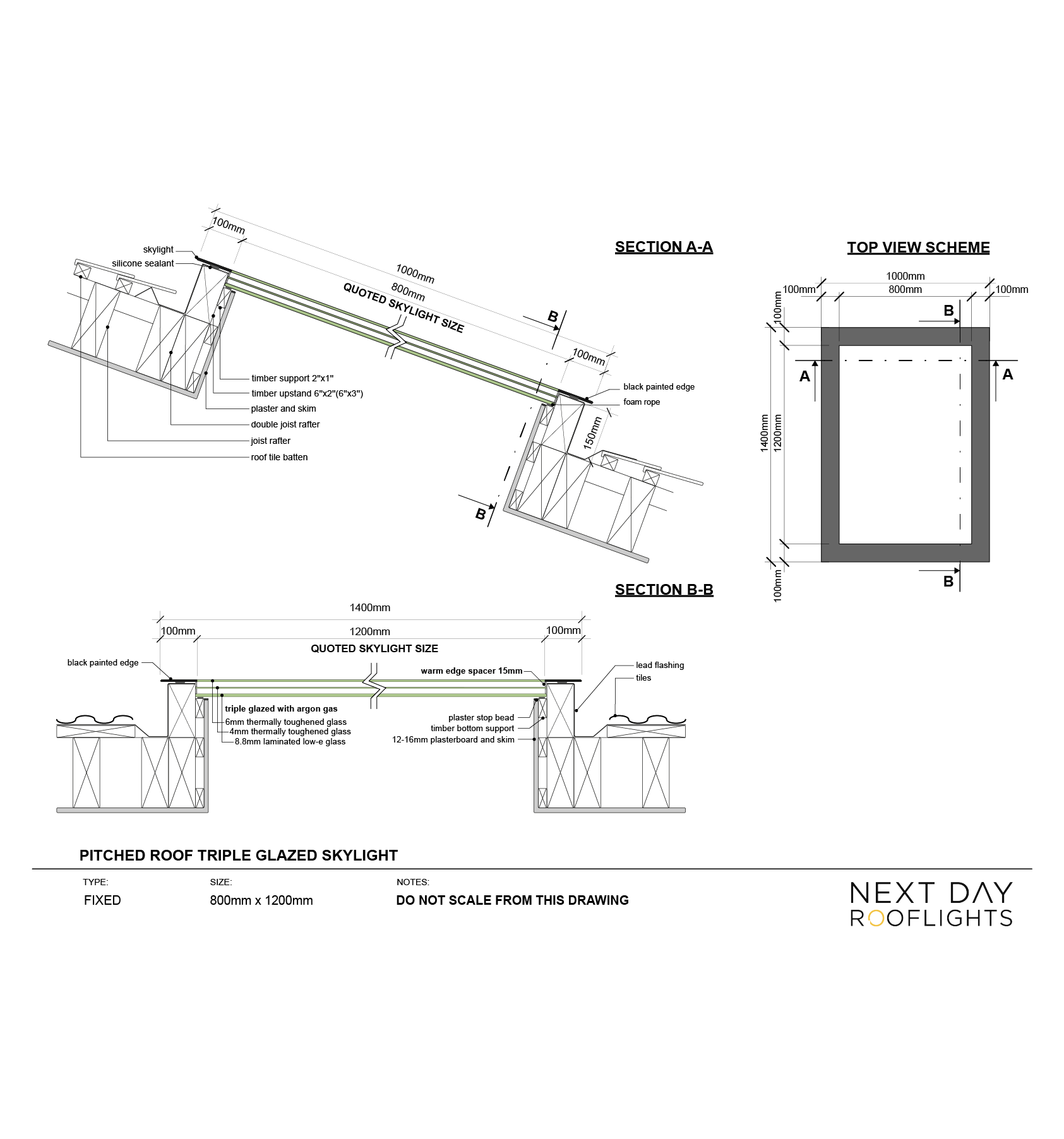 Pitched Roof Skylight 800 x 1200mm