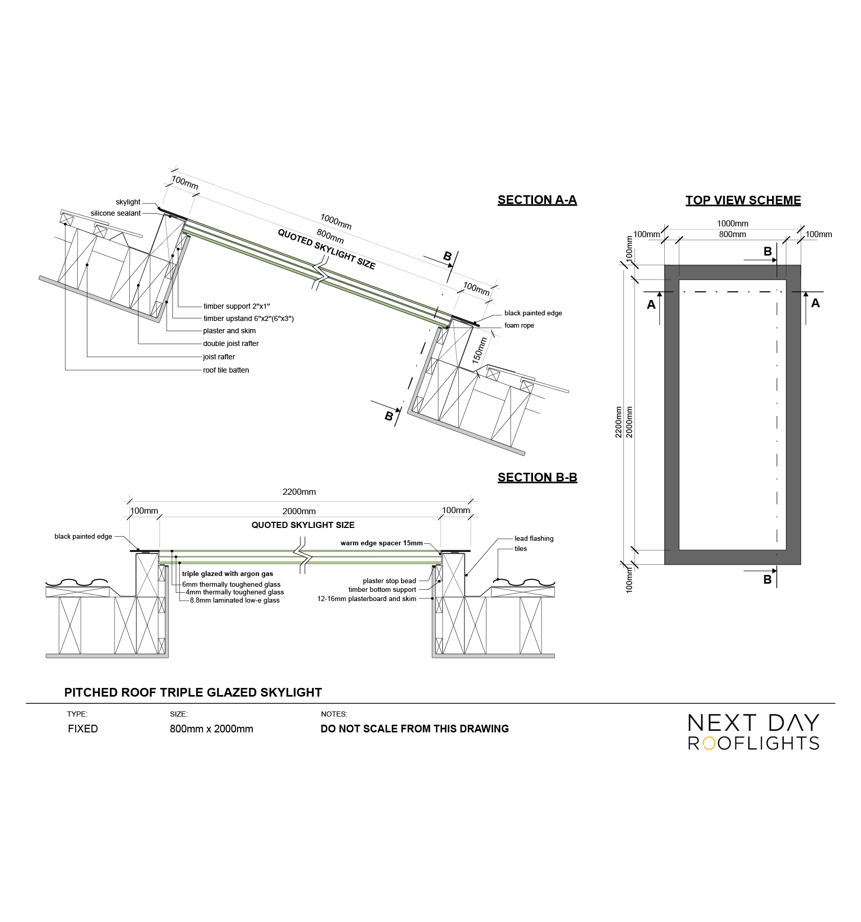 Pitched Roof Skylight 800 x 2000mm