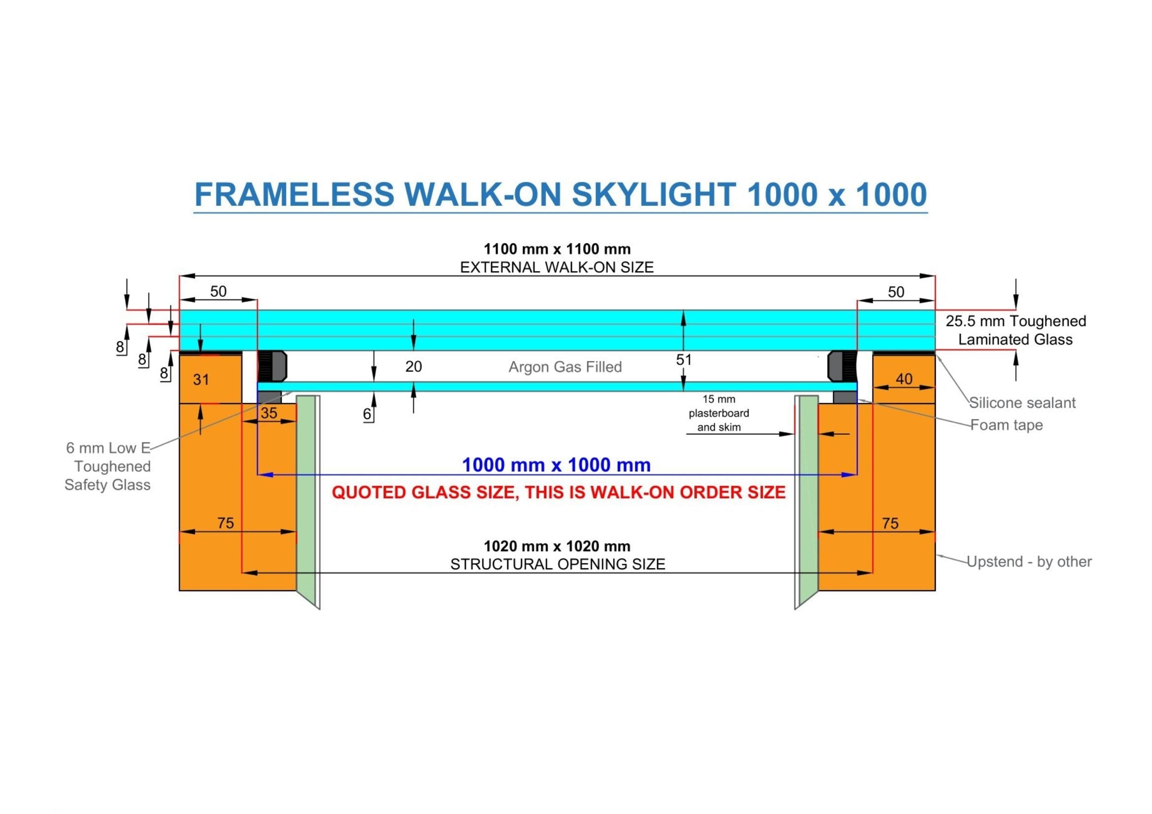 WALK-ON DOUBLE GLAZED SKYLIGHT 1000 x 1000 mm