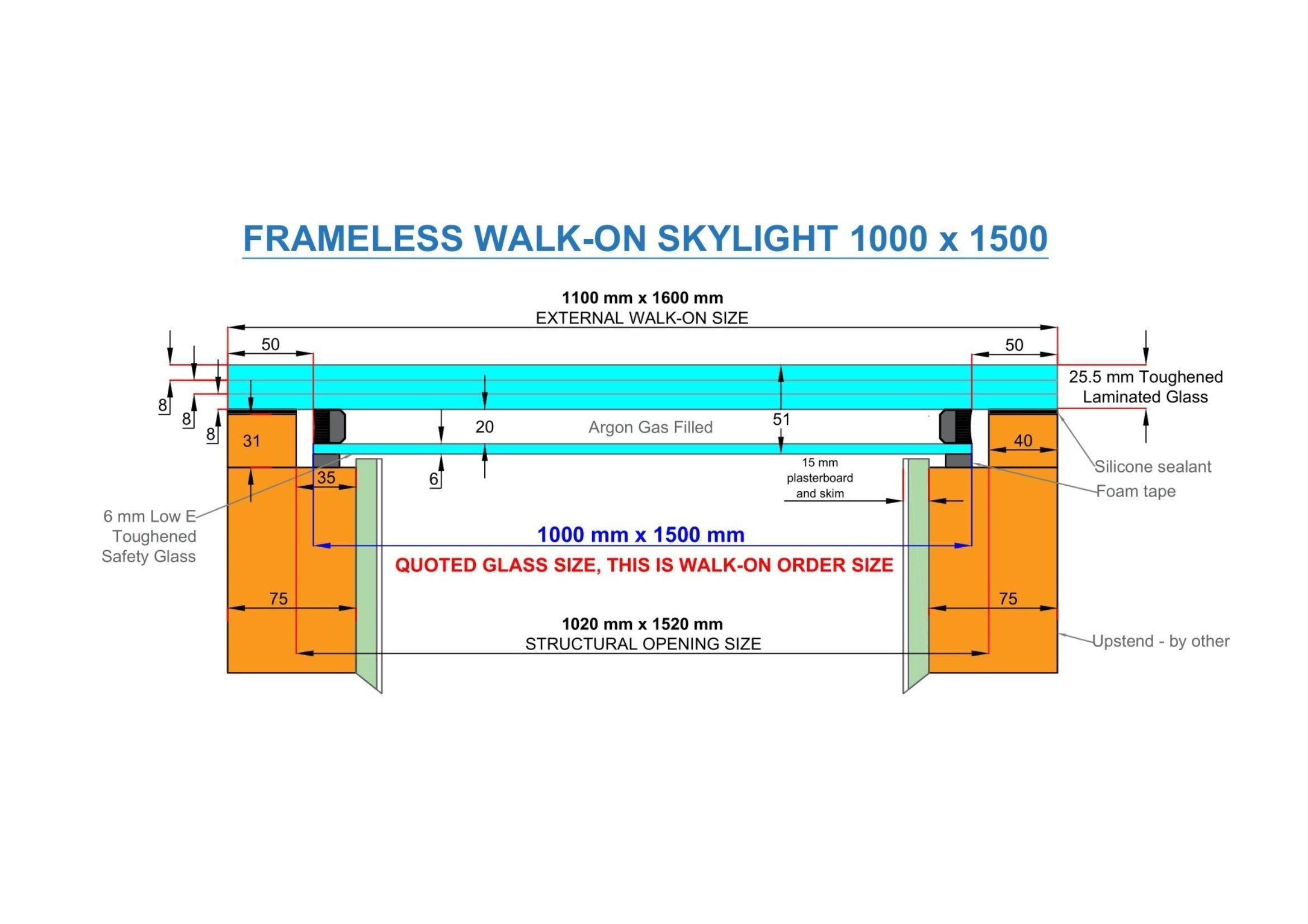 WALK-ON DOUBLE GLAZED SKYLIGHT 1000 x 1500 mm