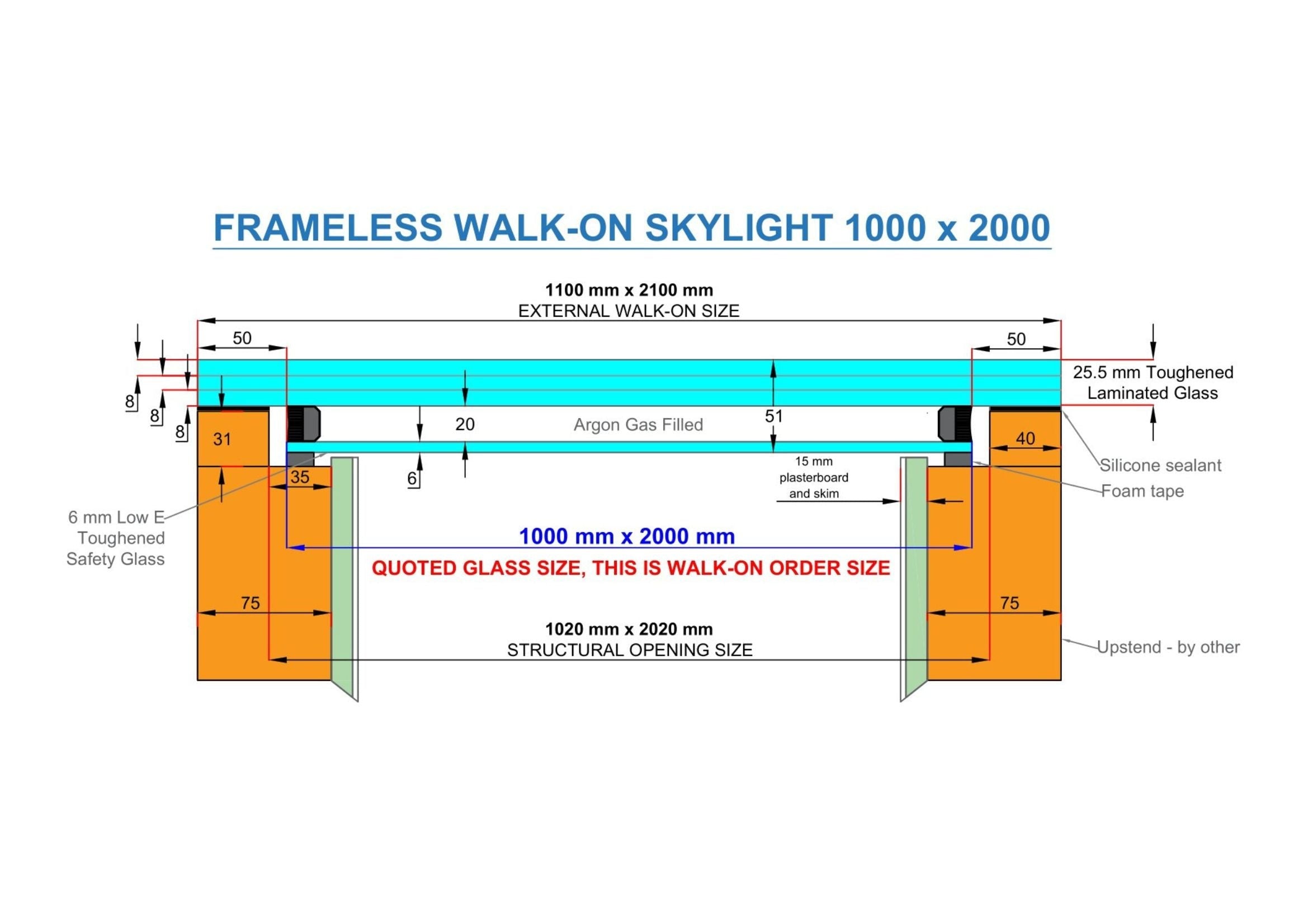 WALK-ON DOUBLE GLAZED SKYLIGHT 1000 x 2000 mm